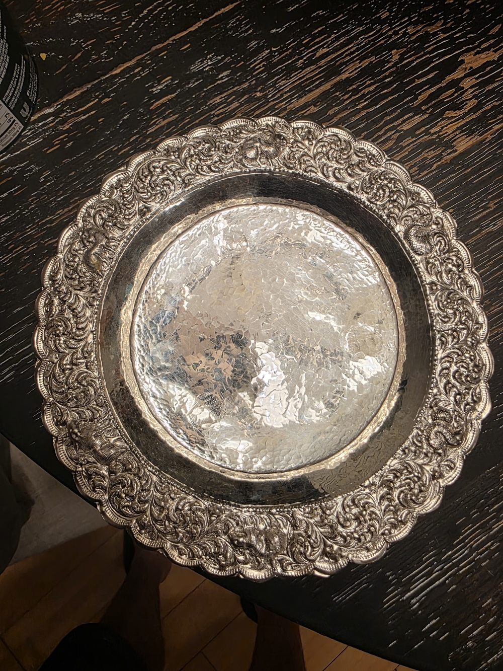 Intricate, hand-hammered repoussé Thai silver tray